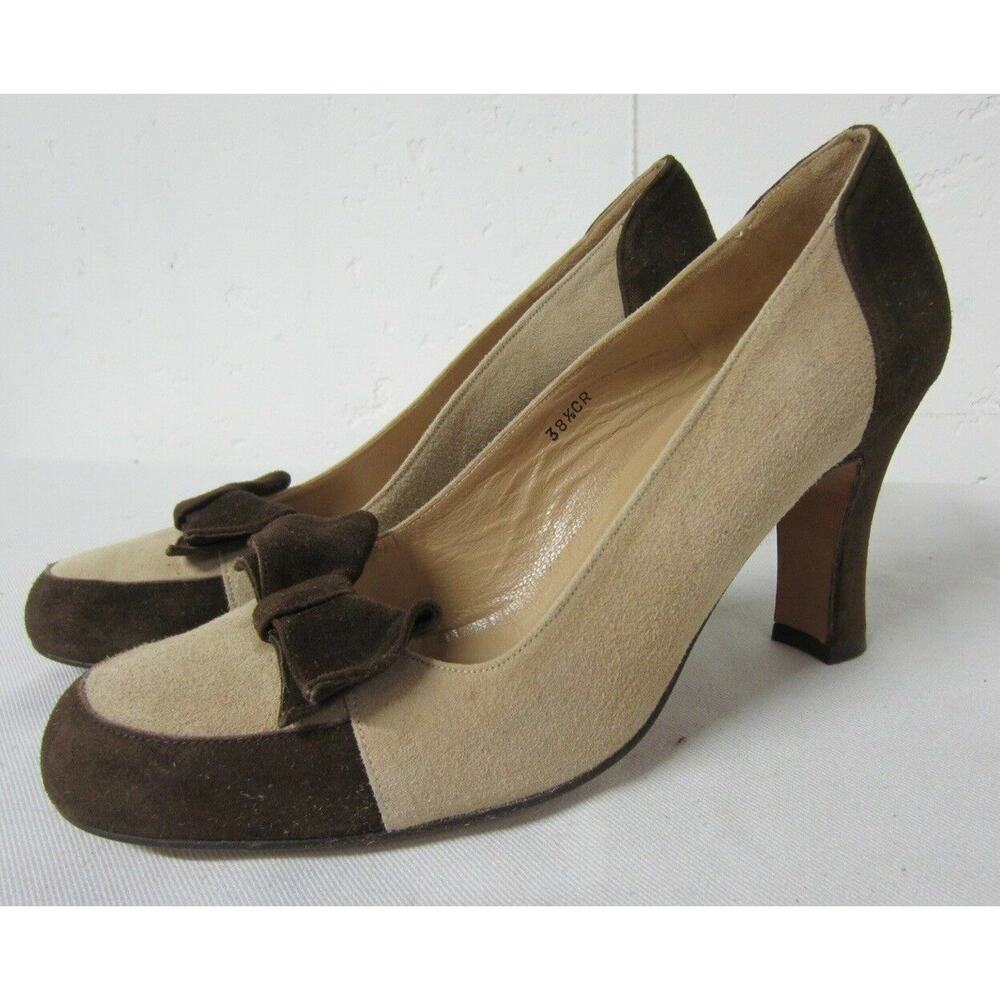 Lulu Guinness London Spain Two Tone Tan Chocolate Suede Heels Bow Vamp 8 38.5